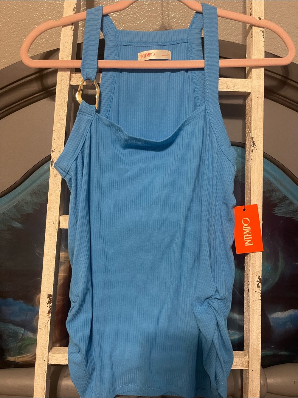 INTEMPO Blue Ribbed Tank with Decorative Ring Strap